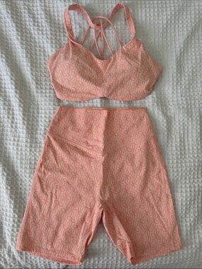 Peach Pink Floral Print Strappy Sports Bra & High-Waist Biker Shorts Set